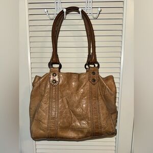 Frye Melissa Tote Shoulder Leather Bag w/Snap Closure Padded Pocket Beige Brown